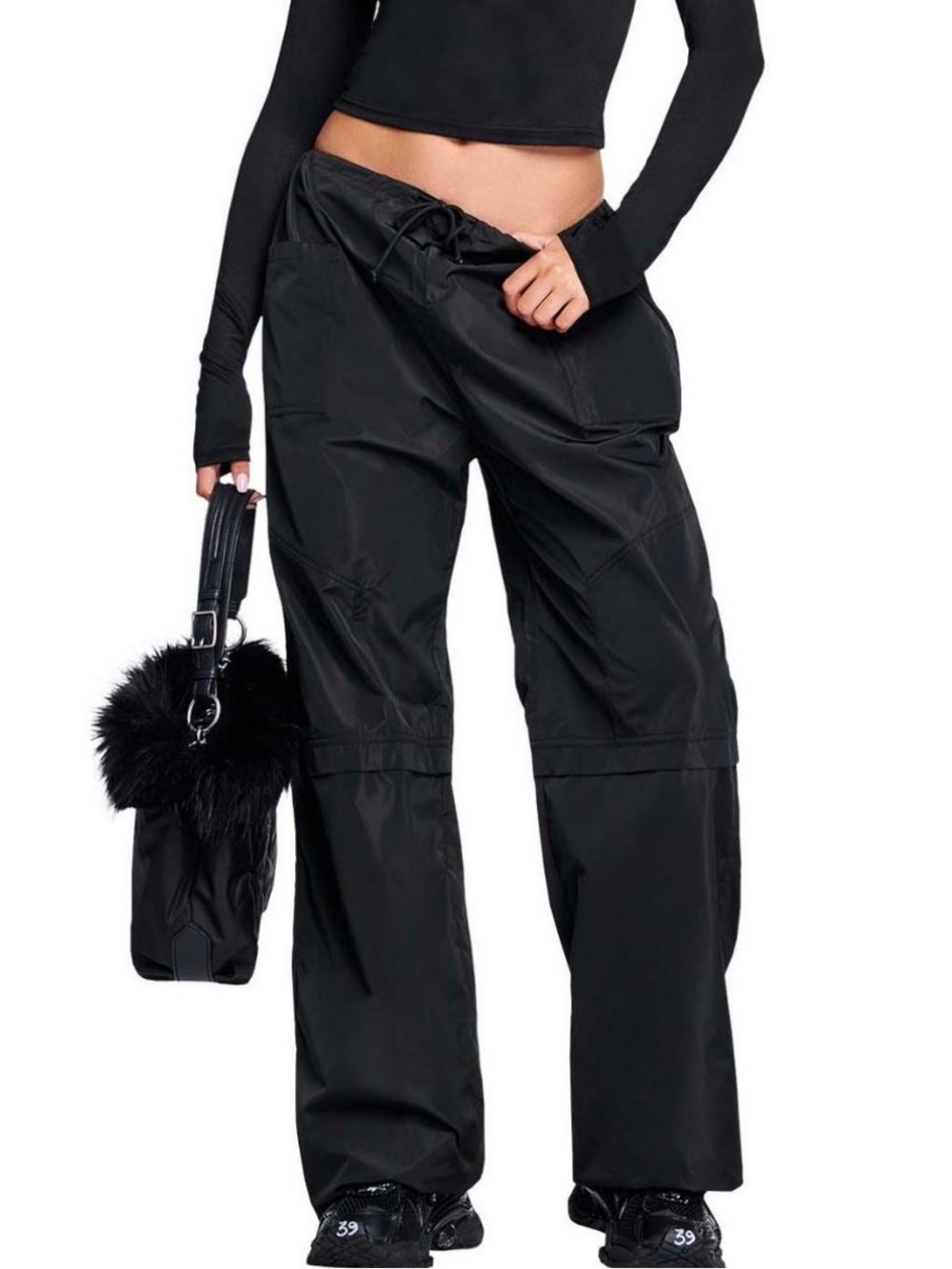 I.AM.GIA Nylon Parachute Wide Leg Low Rise Cargo Track Pants, Black – Size XS